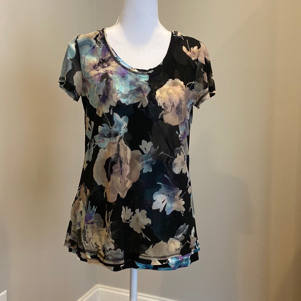 Scoop-Neck Tee with Sheer, Floral Overlay over a Black T-Shirt